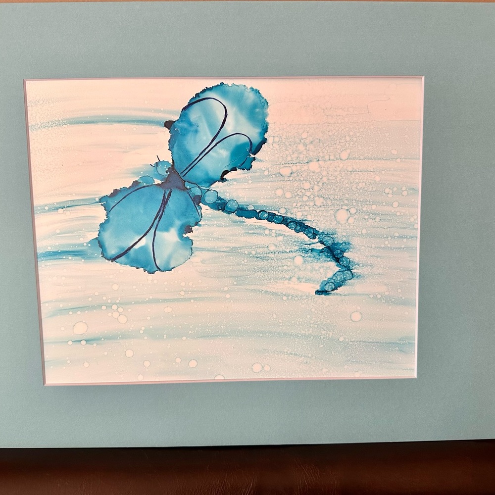 Hand crafted original blue abstract dragonfly alcohol ink wall decor painting